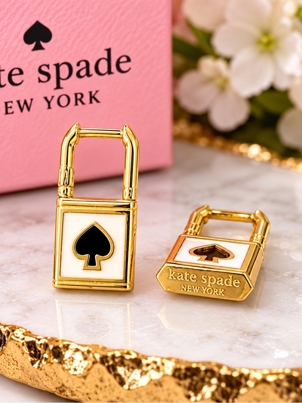 Kate Spade Gold Tone Lock Padlock Drop Earrings Ivory Enamel Spade